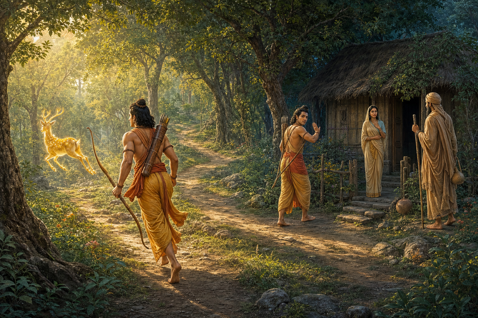 A forest panorama shows the golden deer leading Rama away, Lakshmana leaving the hermitage, and Ravana approaching Sita disguised as an ascetic.