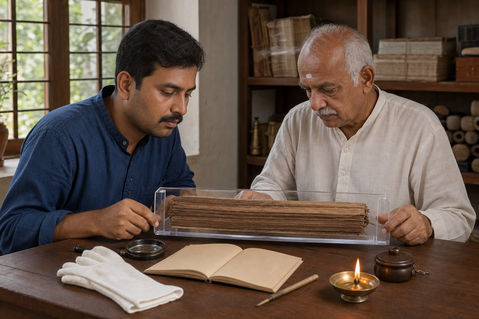 A researcher and an older devotee carefully examine a palm-leaf manuscript beside archival tools and a closed ishtalinga container.