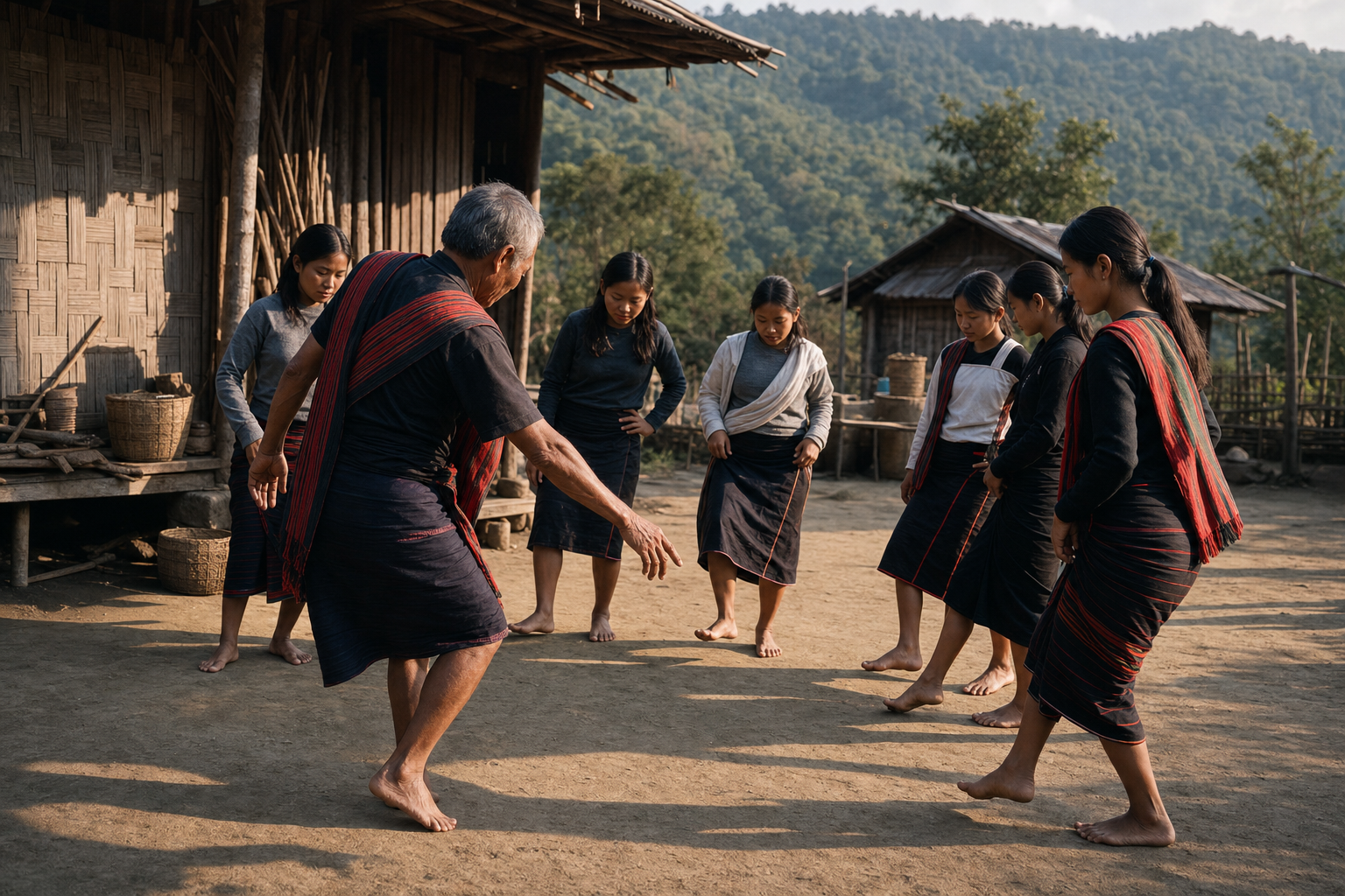 Young learners observe an elder demonstrating a community dance in an Ungma village courtyard.