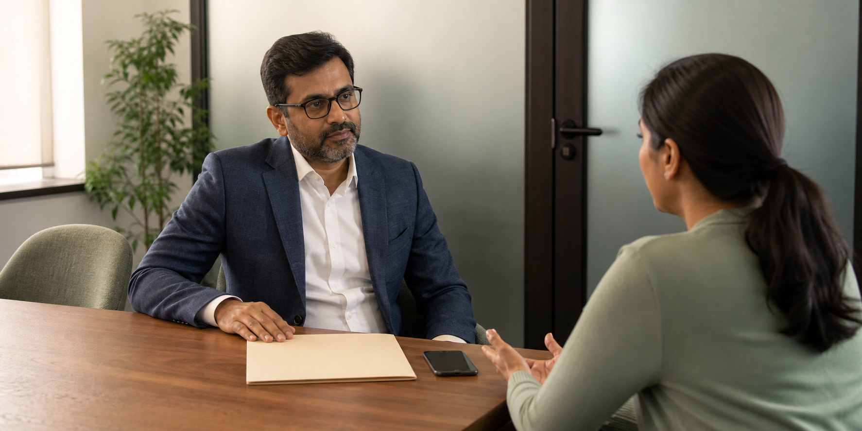 An Indian manager listens privately to an employee across a desk with a face-down phone and closed folder between them.