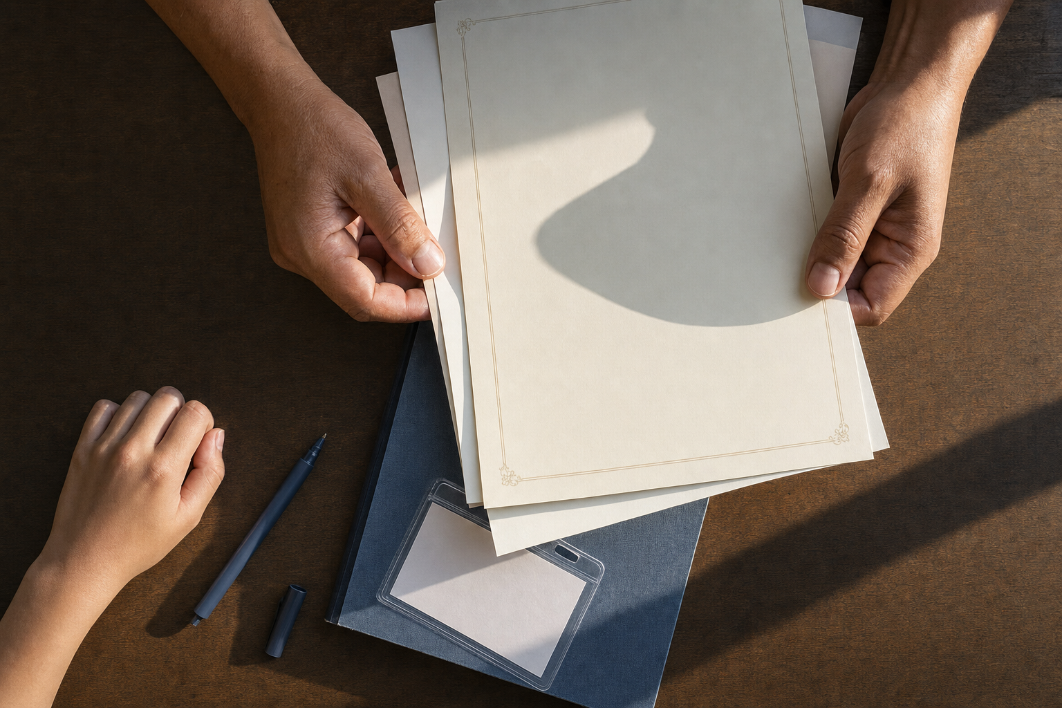 Adult hands hold blank legal documents over a school notebook while an adolescent's hand remains apart from an uncapped pen.