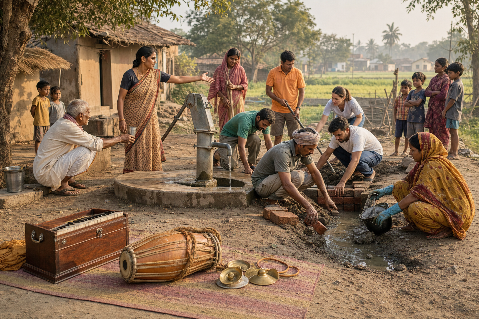 Kirtan instruments rest on a woven cloth while villagers and visiting volunteers improve drainage around a shared hand pump under local direction.