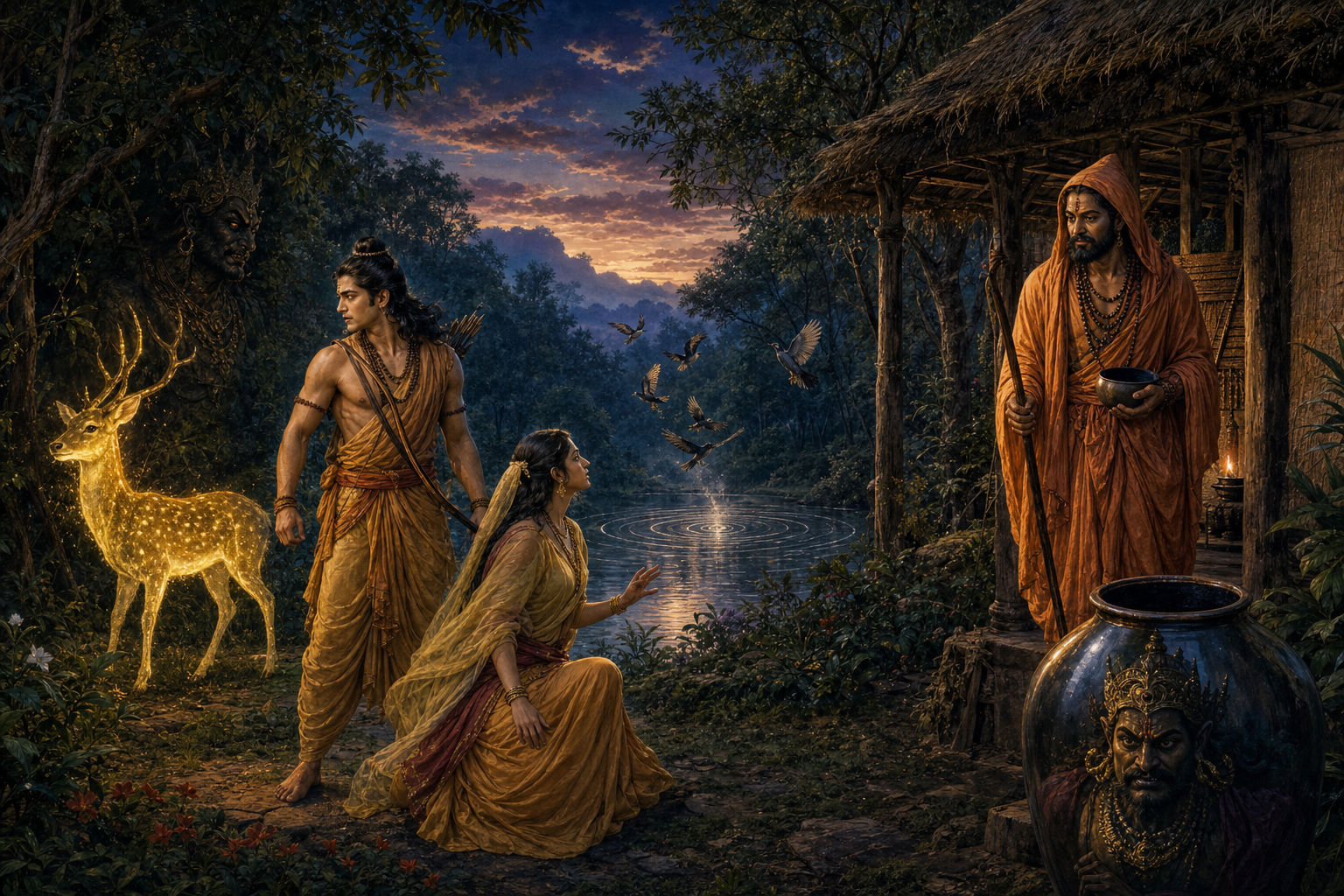 A forest illustration contrasts a magical golden deer, a deceptive cry suggested by birds and water ripples, and Ravana concealed in an ascetic disguise.
