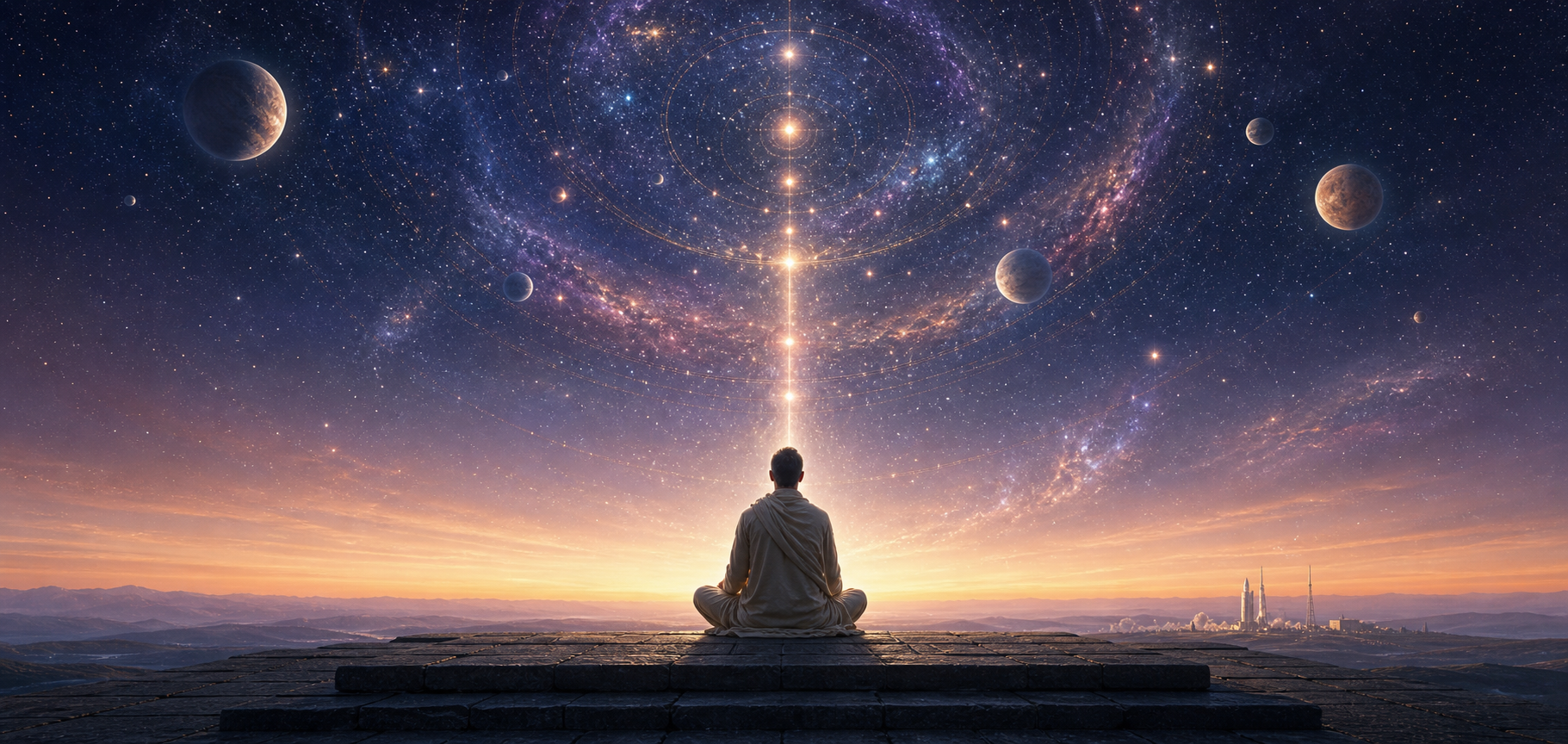 A person meditates beneath a vast star-filled sky as a subtle column of light rises toward distant glowing planetary spheres, while a small launch complex remains on Earth below.
