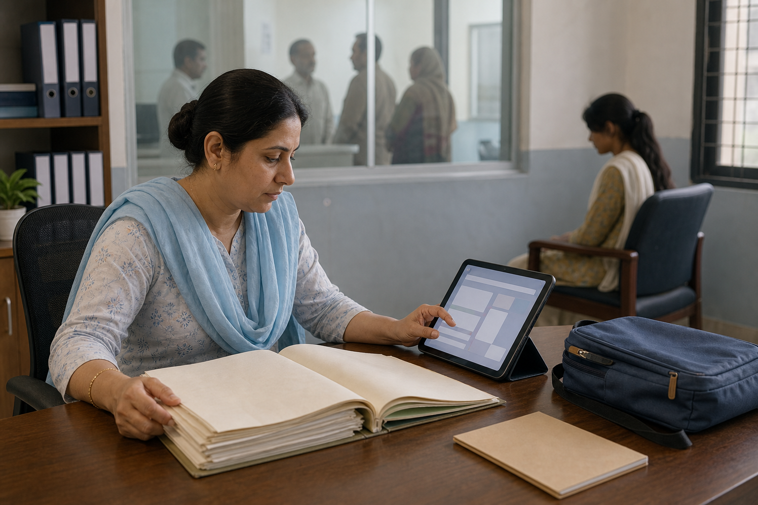 A welfare professional compares a paper record with a tablet while an anonymous teenage girl waits separately and adults remain outside a glass partition.