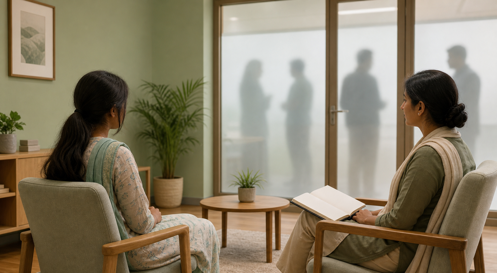 An anonymous teenage girl speaks privately with a female child-protection interviewer while other adults wait beyond frosted glass.