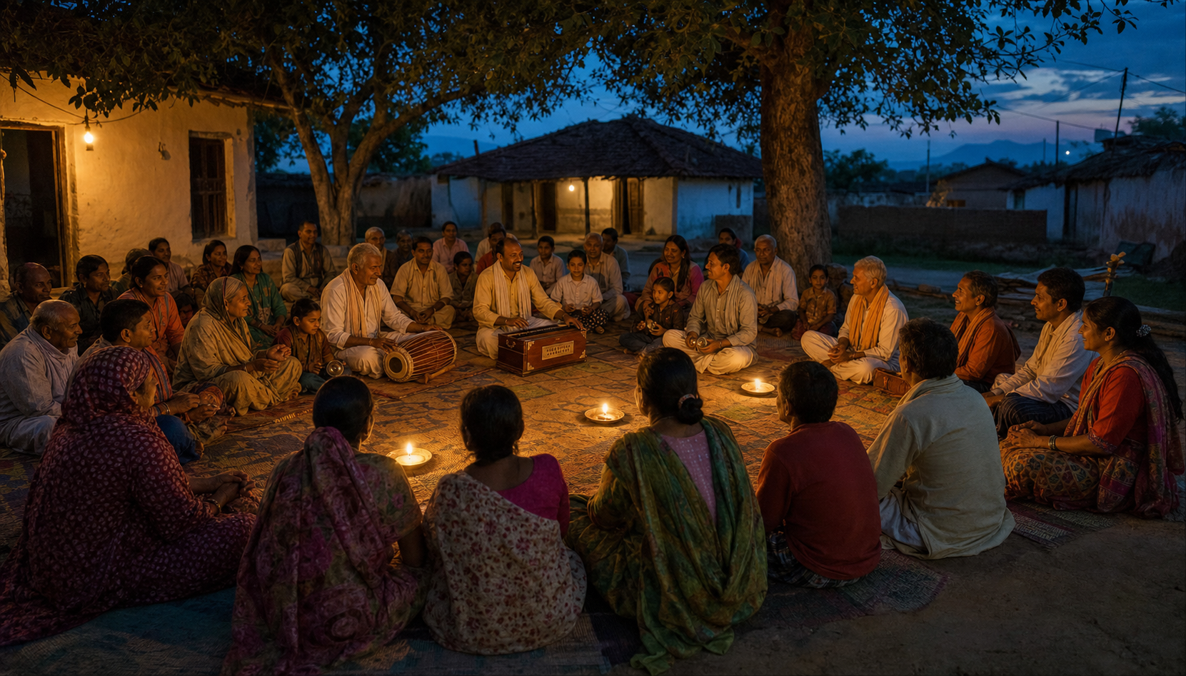 Villagers of different ages and visiting musicians sit together in a courtyard circle during an evening kirtan.