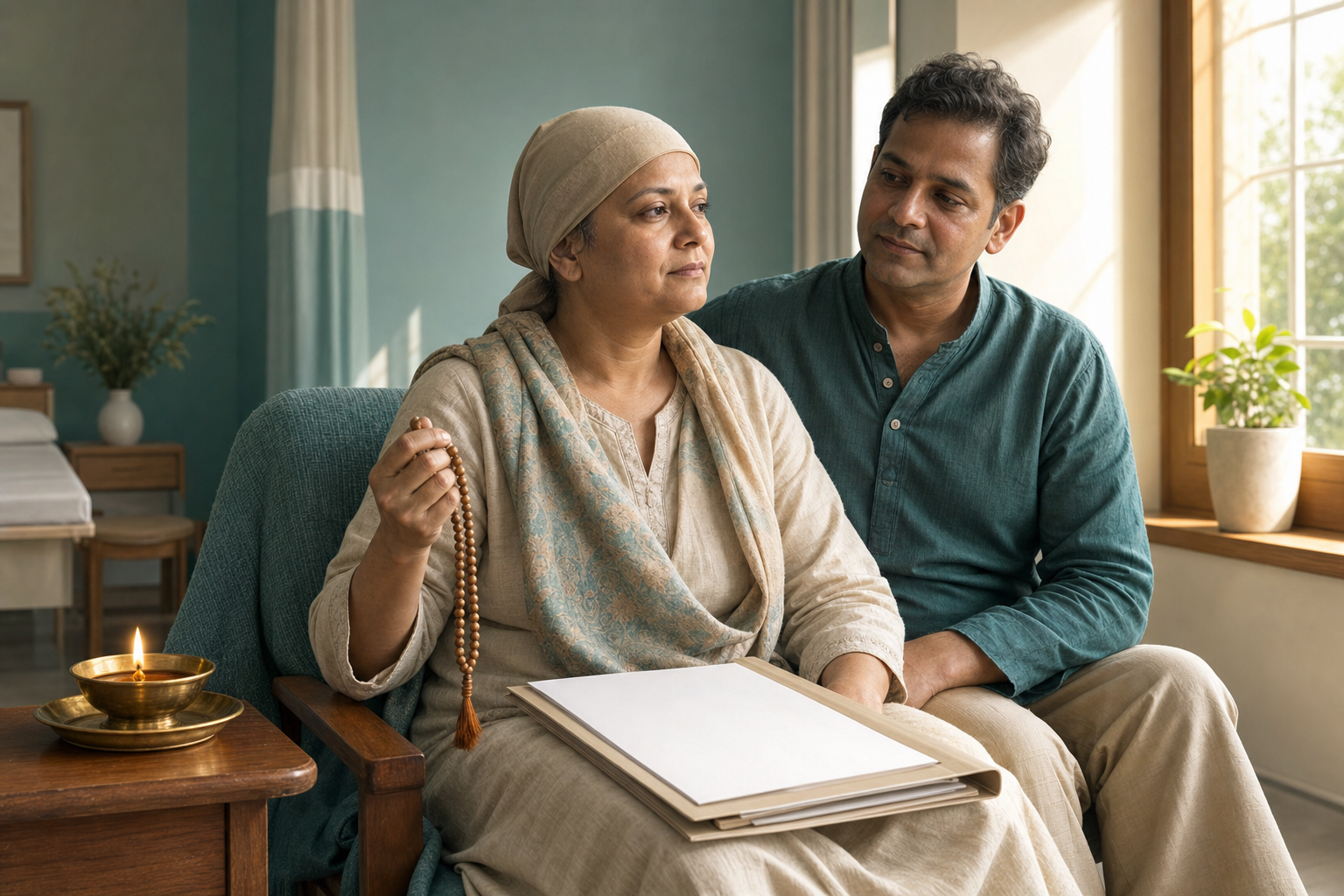 An adult cancer patient holds prayer beads beside a supportive family member, with medical papers and a small oil lamp nearby.