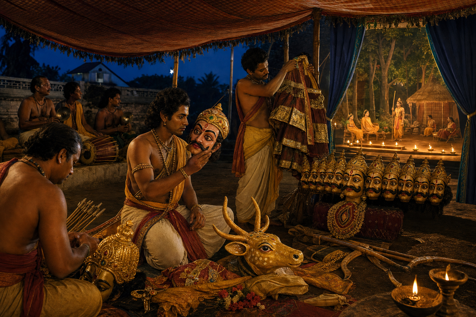 Performers prepare princely, ascetic, deer, and Ravana costumes beside an oil-lit open-air Ramayana stage.