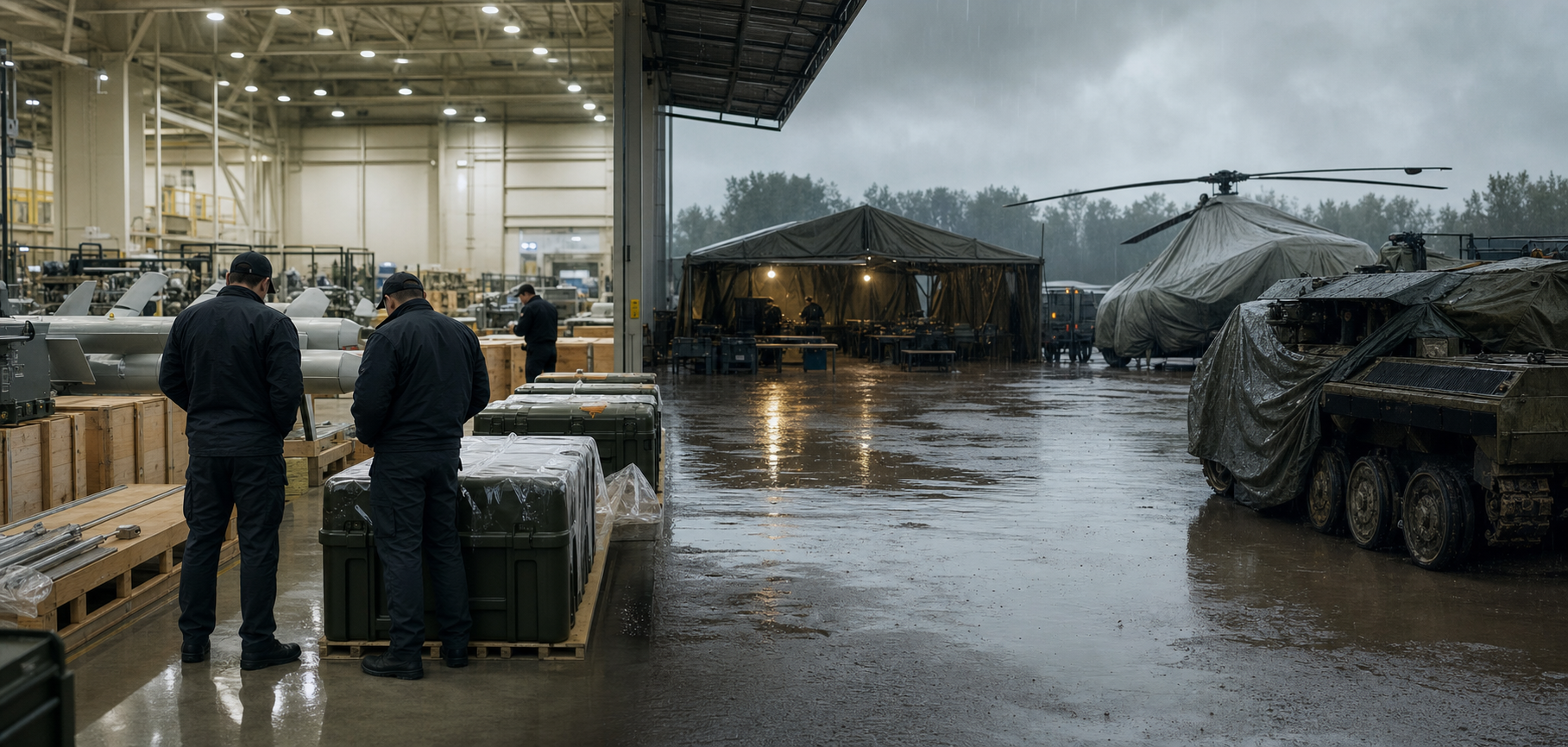 Inspectors examine military equipment in a warehouse while a rain-soaked field unit waits beside vehicles under maintenance covers.