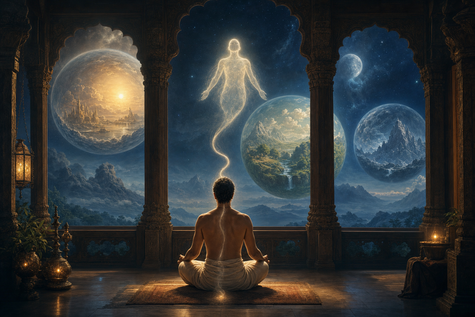 A seated practitioner remains in a quiet pavilion while a translucent luminous form rises toward several distinct celestial realms.