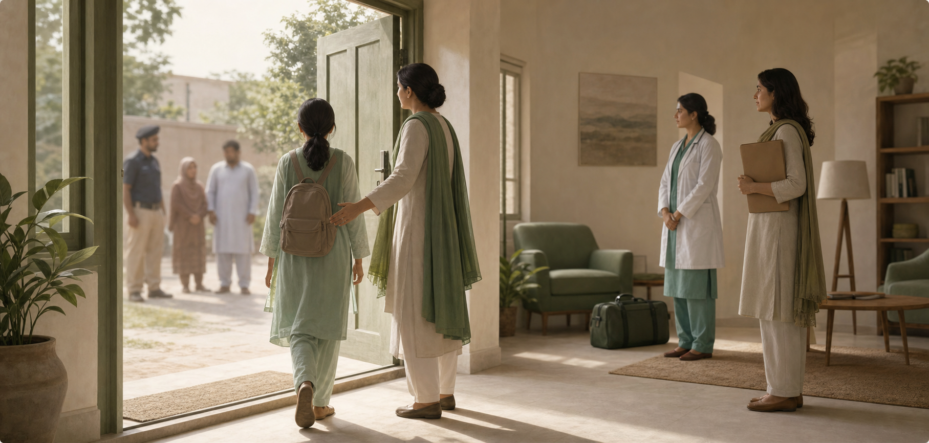 A teenage girl enters a protected welfare center with a social worker while healthcare and legal-aid professionals wait inside and other adults remain outside.