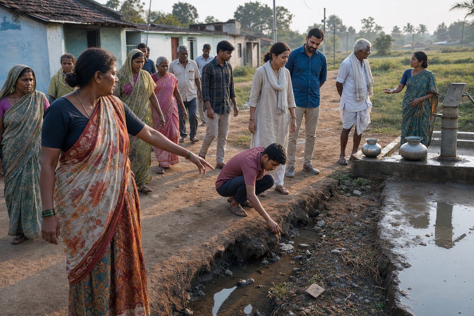 Local residents lead visiting volunteers on a listening walk as they inspect standing water and drainage near a communal pump.