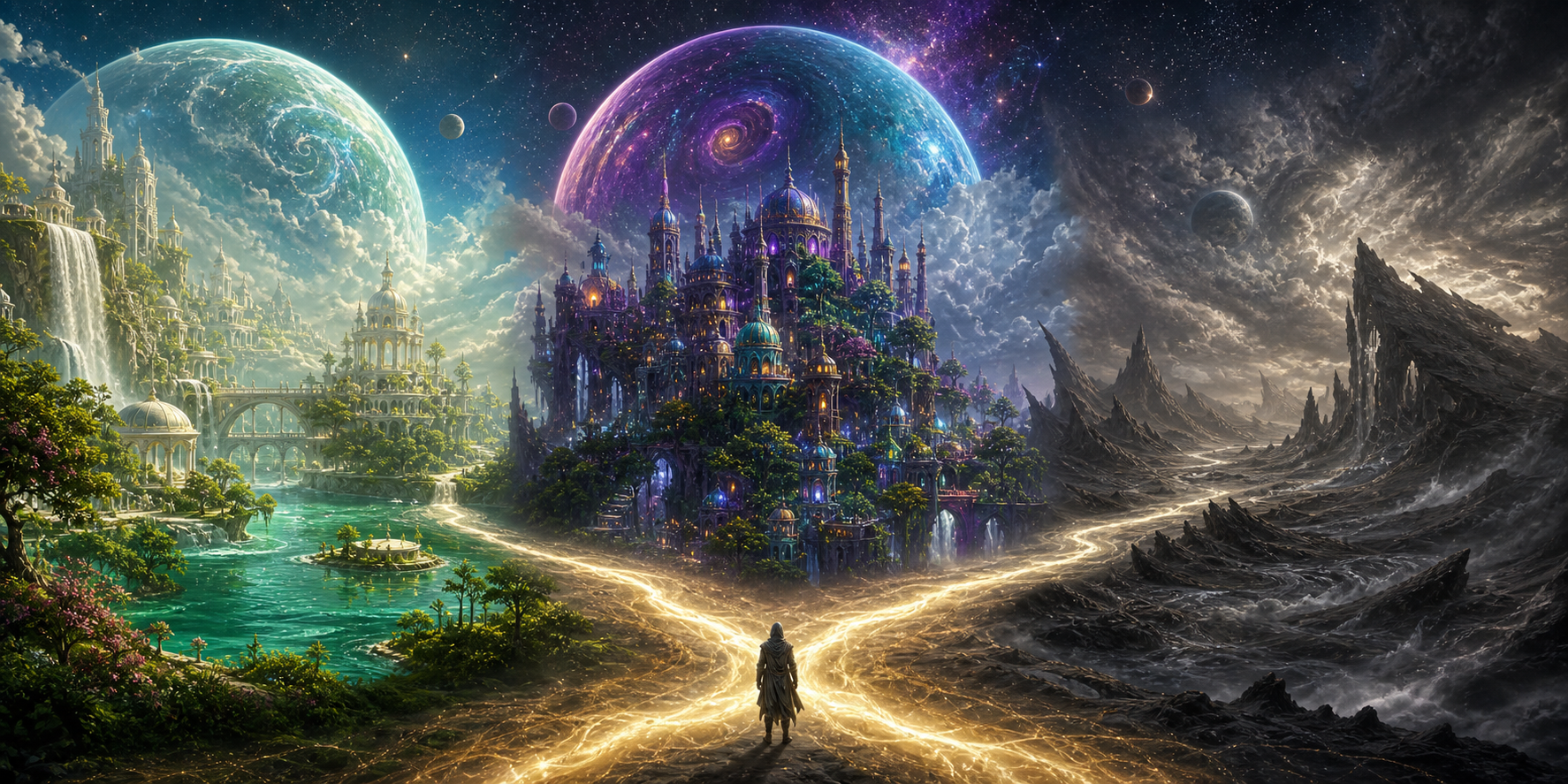 A contemplative traveler faces three celestial realms with contrasting light, landscapes, architecture, and atmosphere.