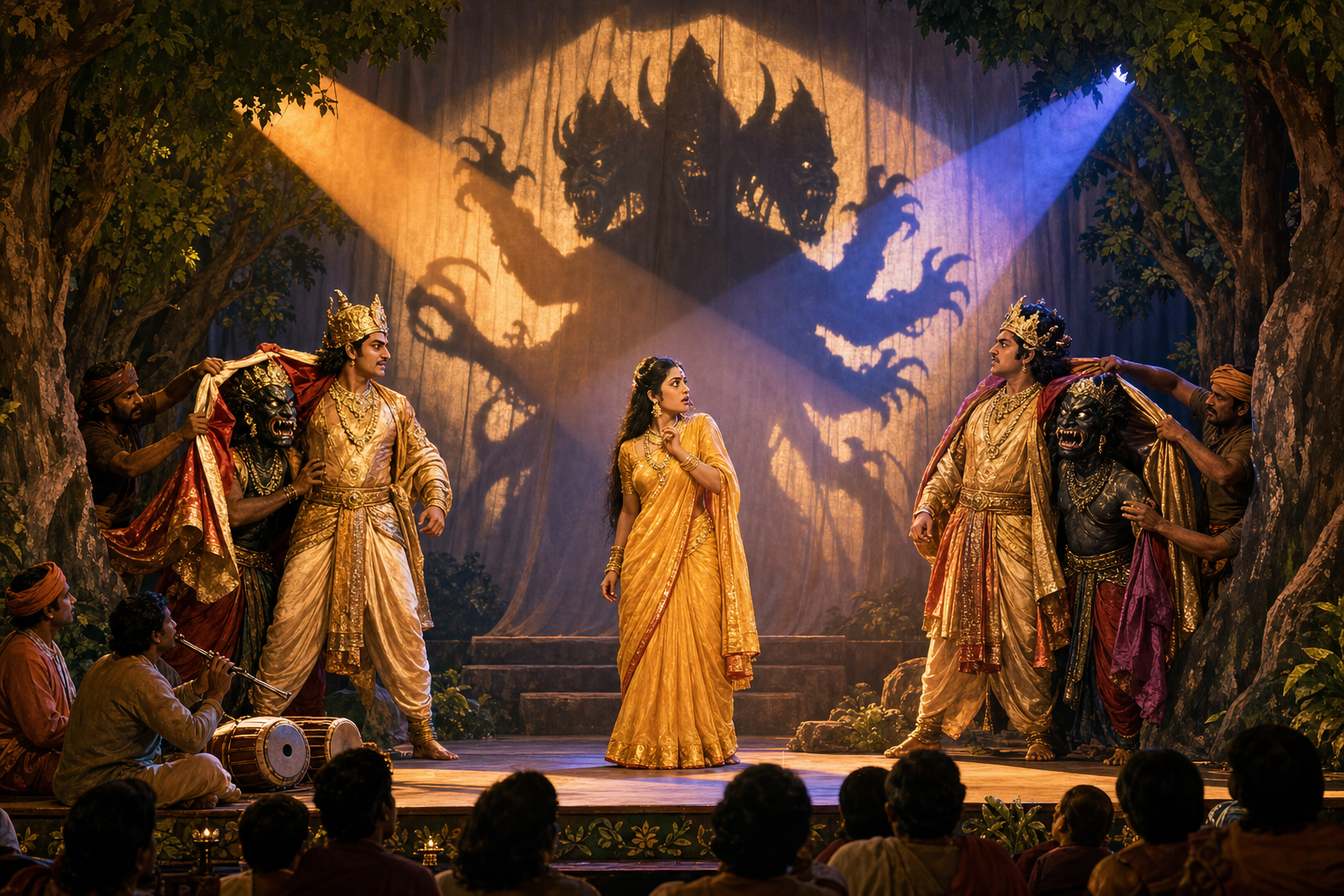 On an outdoor stage, costume layers are pulled away from two princely-looking figures to reveal rakshasa masks as Sita watches.
