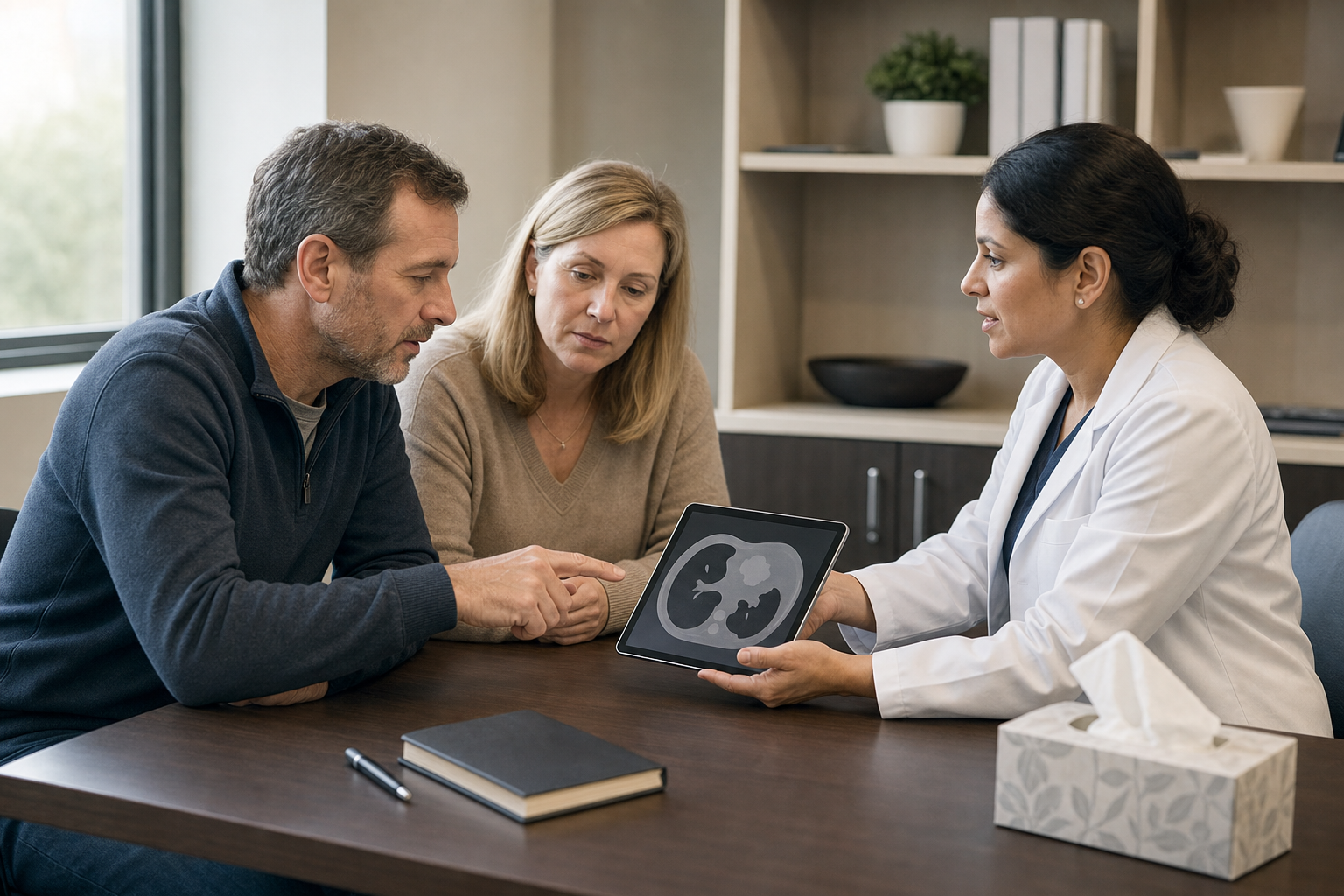 A patient and companion discuss an anatomical scan on a tablet with an oncologist during a consultation.