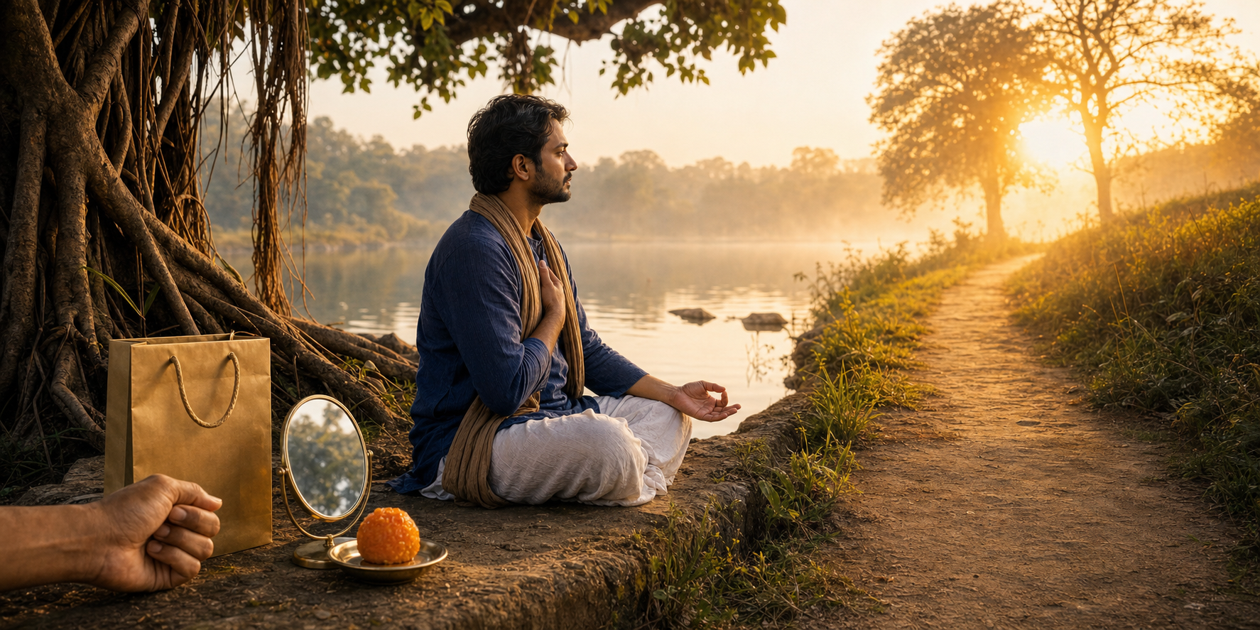 A contemplative person sits beside a river at dawn, calmly observing objects symbolizing pleasure, approval, consumption, and resentment without reaching for them.