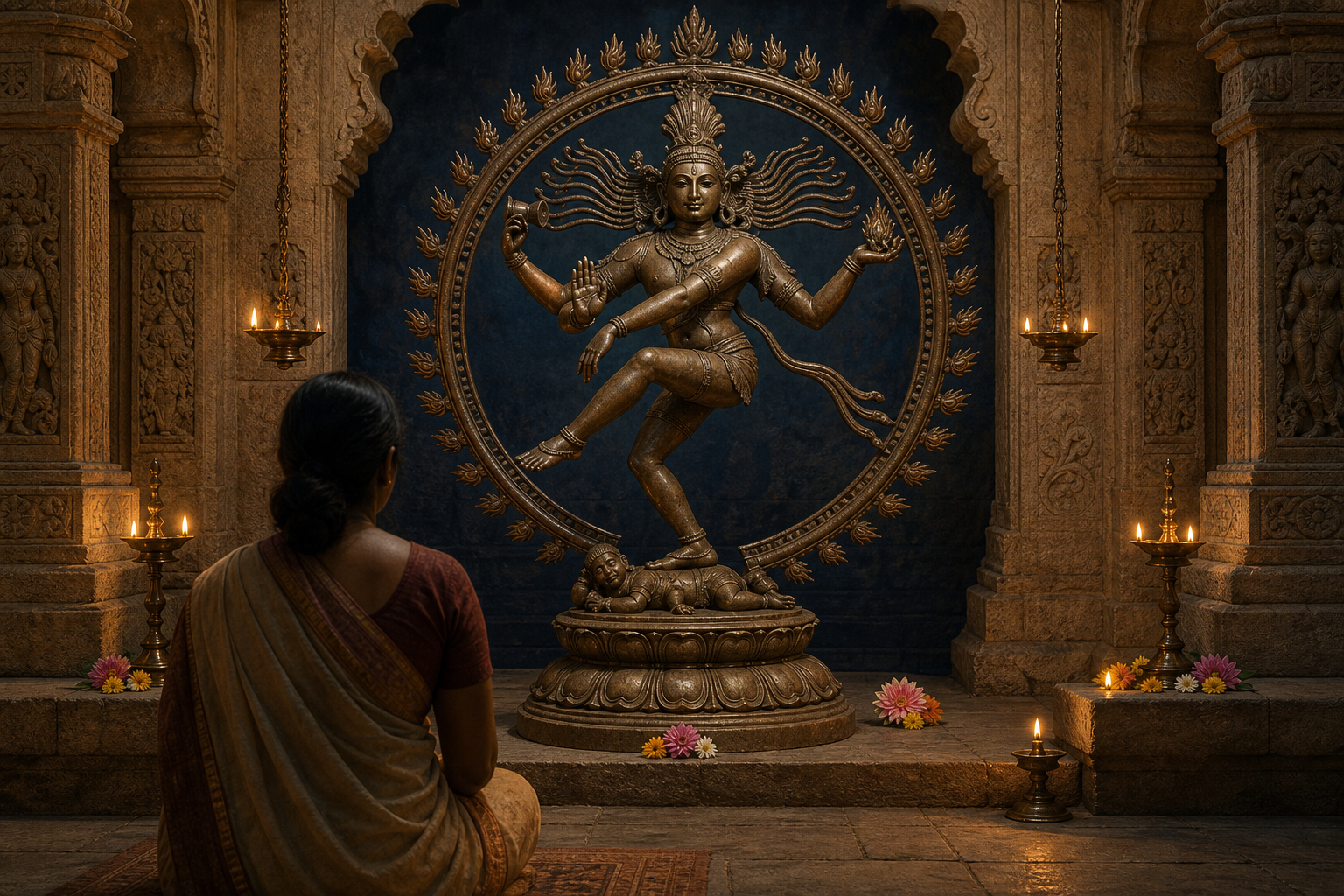 A visitor observes a complete bronze Nataraja murti with four arms, a ring of flames, a raised foot, a lotus pedestal, flower offerings, and oil lamps in a temple alcove.