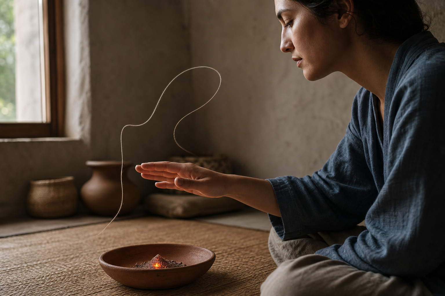 A calm person holds an open hand above a glowing ember in a clay bowl while a loose thread curls nearby without binding the wrist.