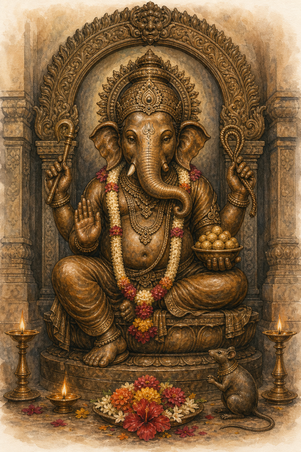 A four-armed Ganesha murti stands beneath a carved shrine arch with a goad, noose, bowl of sweets, raised hand, mouse vehicle, garlands, flowers, and lamps.