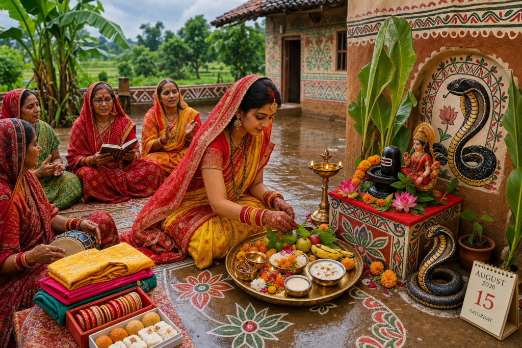 Maithil bride performing Madhushravani Tritiya 2026 puja in a Mithila courtyard with Shiva-Parvati altar and Nag Devata motif.