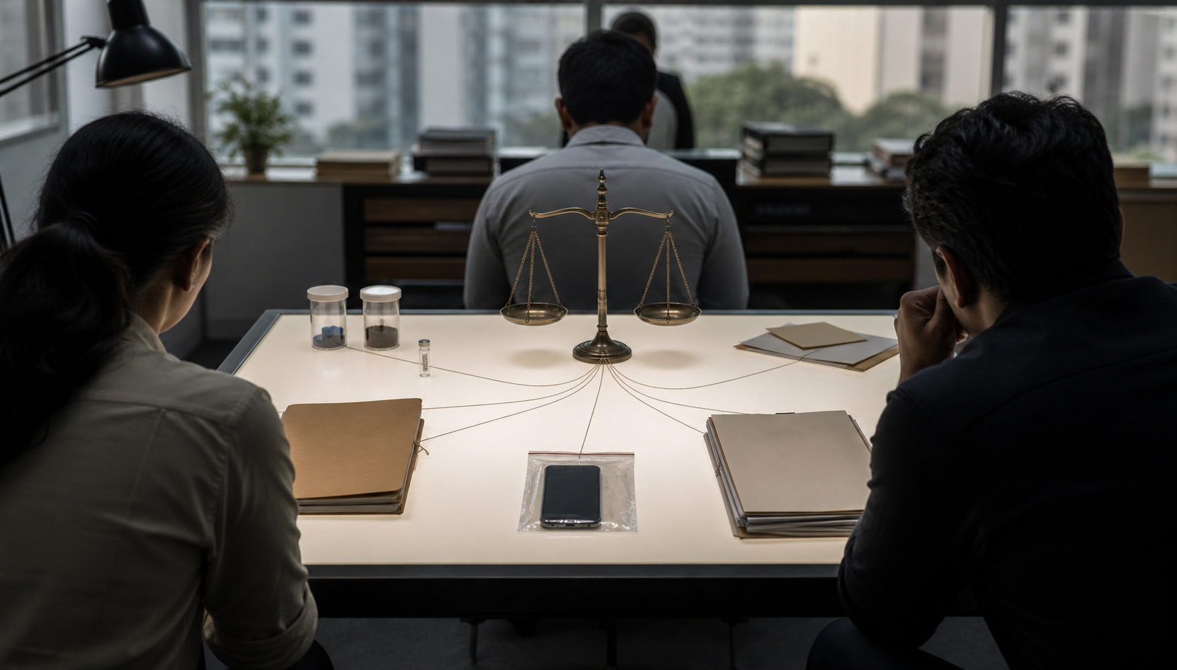 Anonymous investigators compare a sealed phone, sample containers, medical files, and witness folders around a balance scale.
