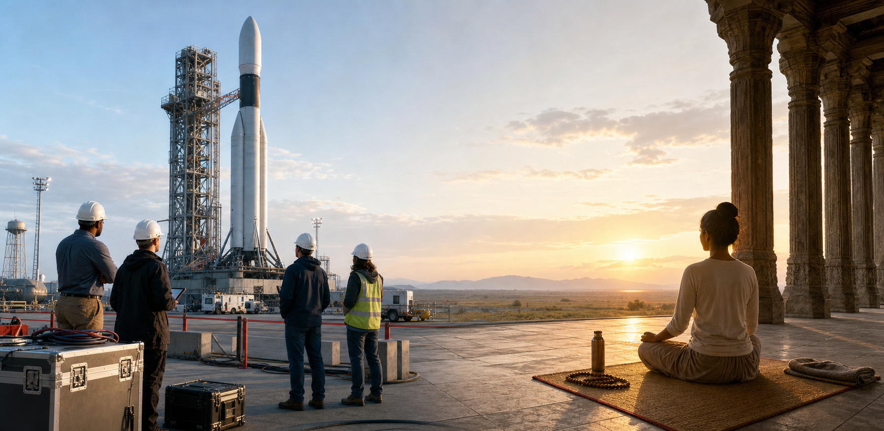 Engineers prepare a rocket at a launch site on one side while a practitioner meditates in a quiet sunrise pavilion on the other.