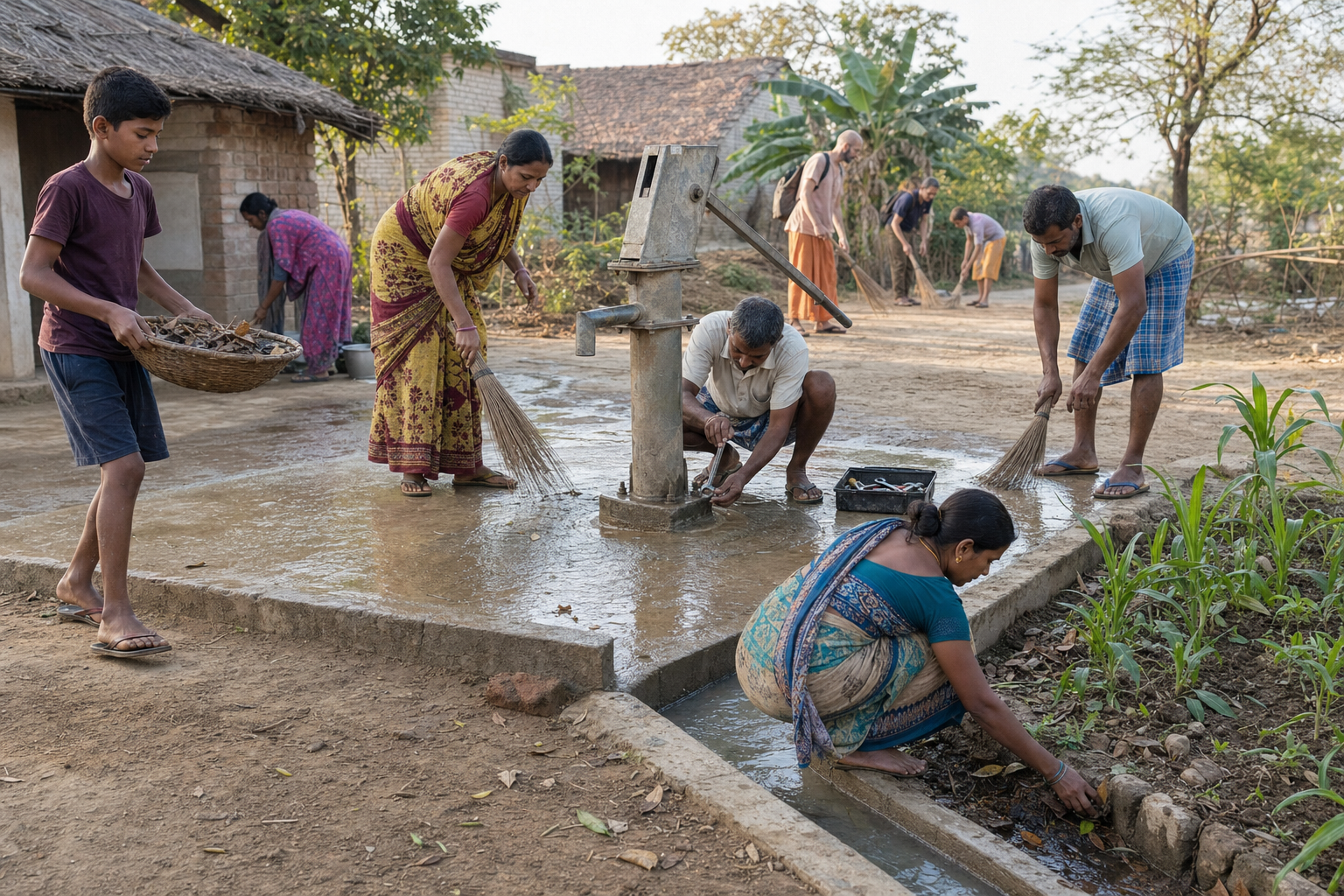 A mixed-age group of village residents carries out routine cleaning and maintenance at a communal water point.