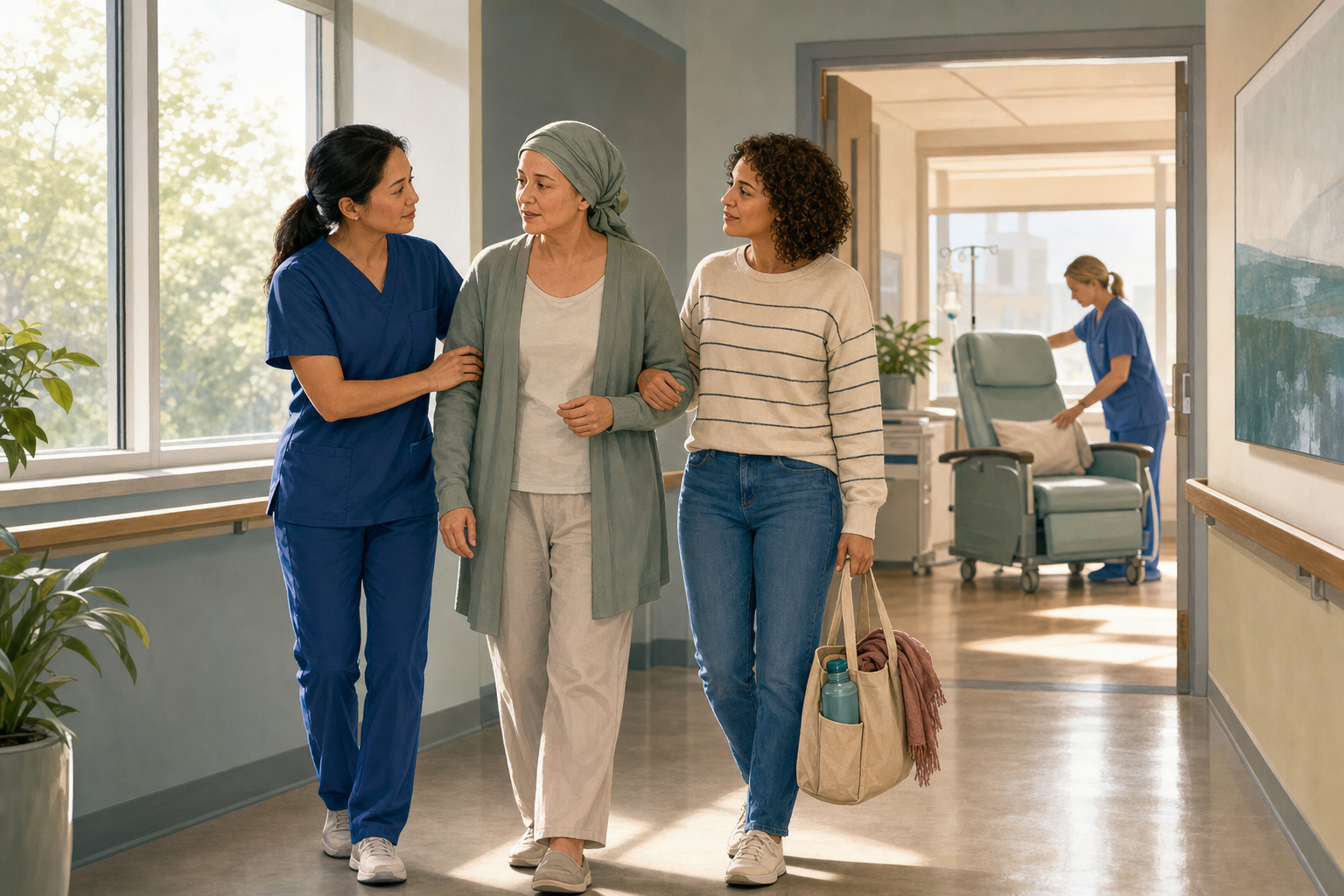 A cancer patient walks with a physiotherapist while a caregiver accompanies them near an oncology treatment room.