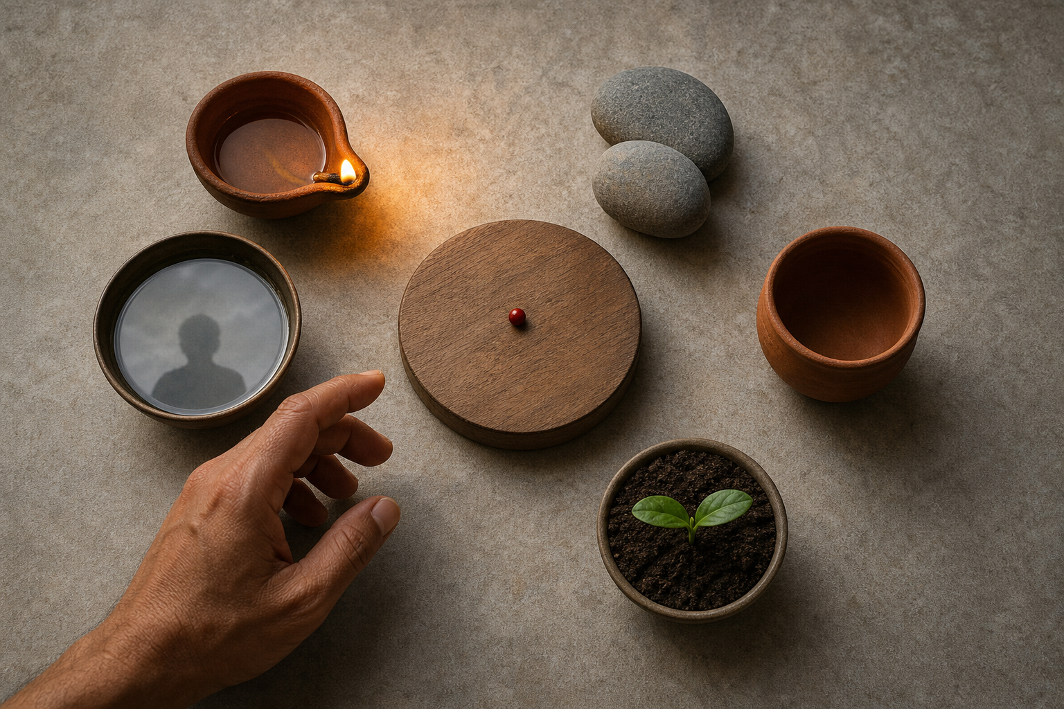 A red seed is surrounded by a lamp, balanced stones, a clay cup, a bowl of water, and a green sprout as a hand pauses above the arrangement.