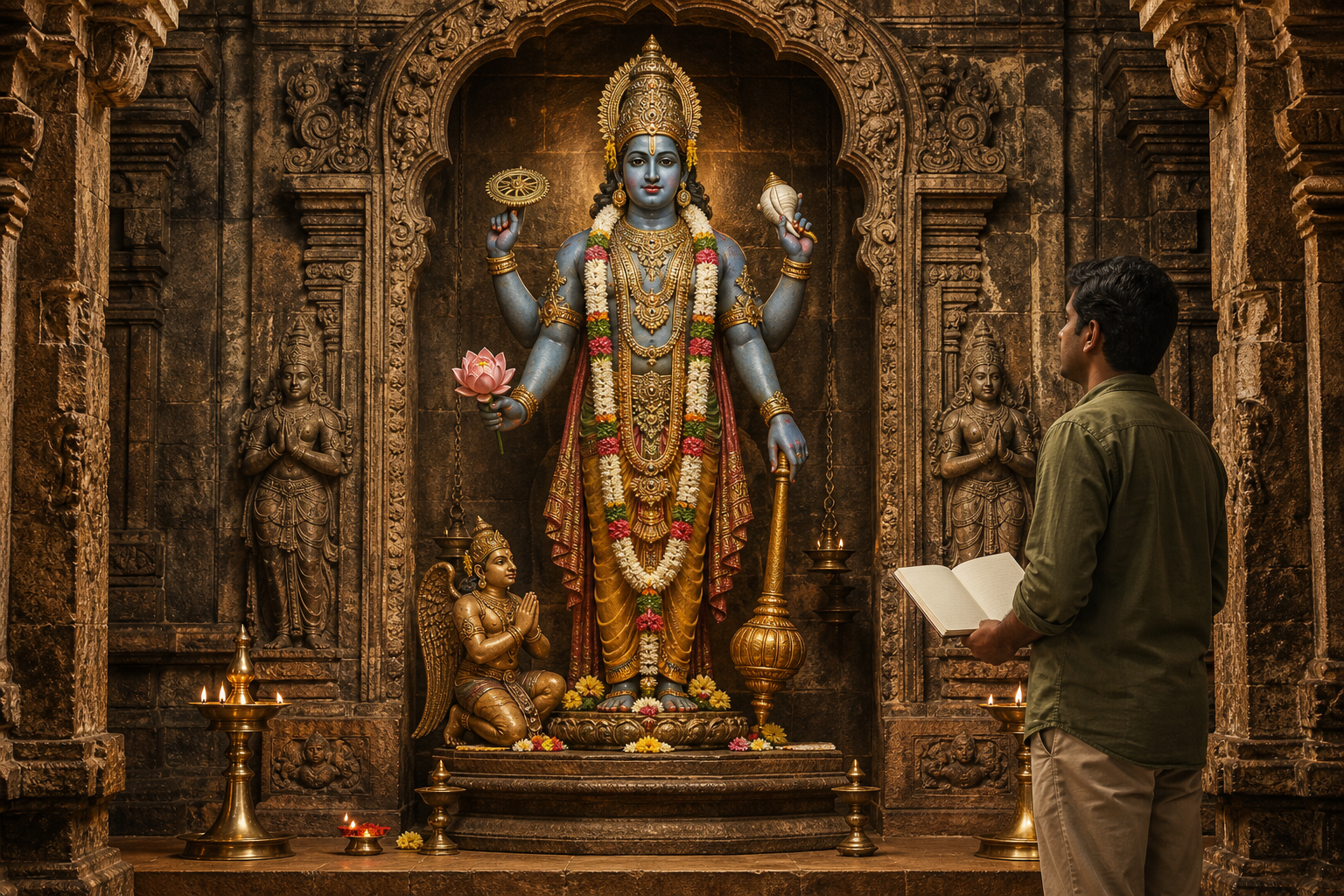 A visitor studies a four-armed standing Vishnu murti holding a conch, discus, lotus, and mace, with Garuda, attendants, a carved shrine frame, garlands, and lamps visible around it.