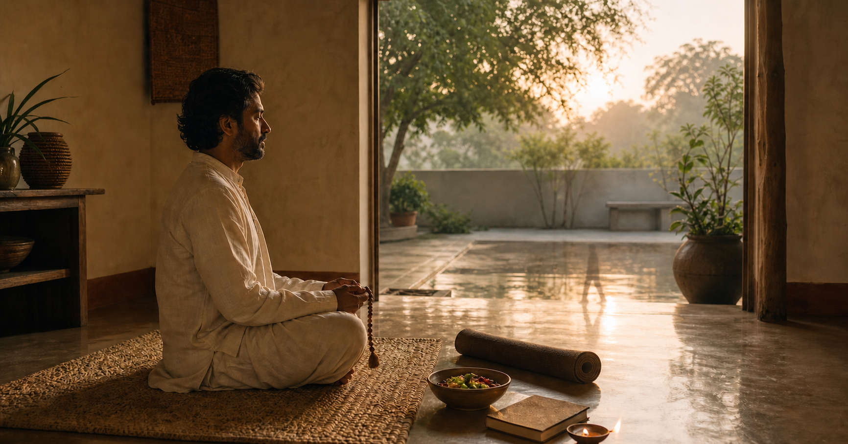 A practitioner meditates at dawn in a simple home beside prayer beads, a yoga mat, a plain book, fresh food, and an oil lamp.
