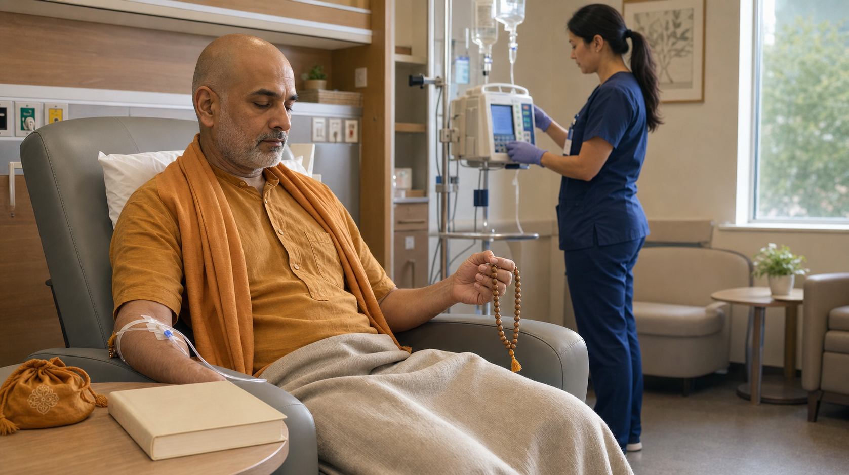 A patient quietly holds prayer beads while receiving intravenous treatment as a nurse checks the equipment.