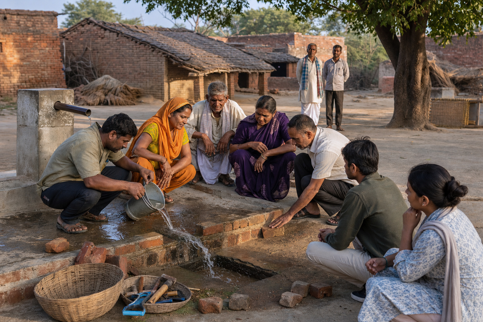 Village residents inspect a repaired water-point drain together while volunteers and visitors from a neighboring settlement listen from the edge.