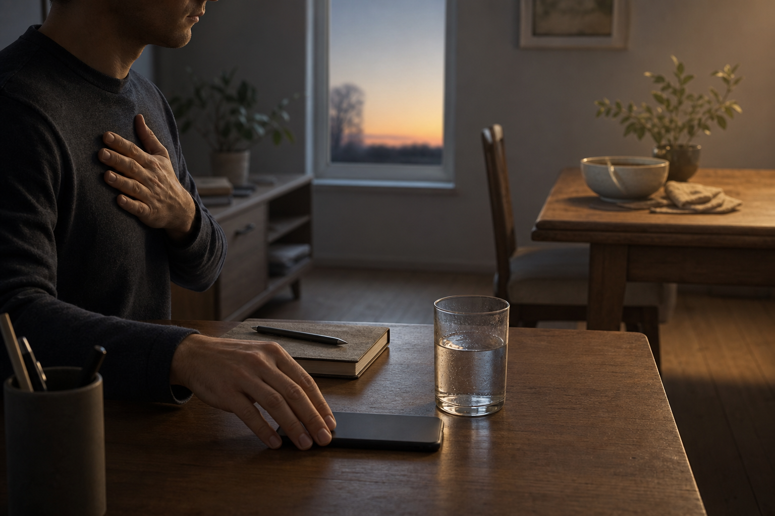 A person places a phone face down before beginning work while a repaired ceramic bowl sits nearby in the growing morning light.