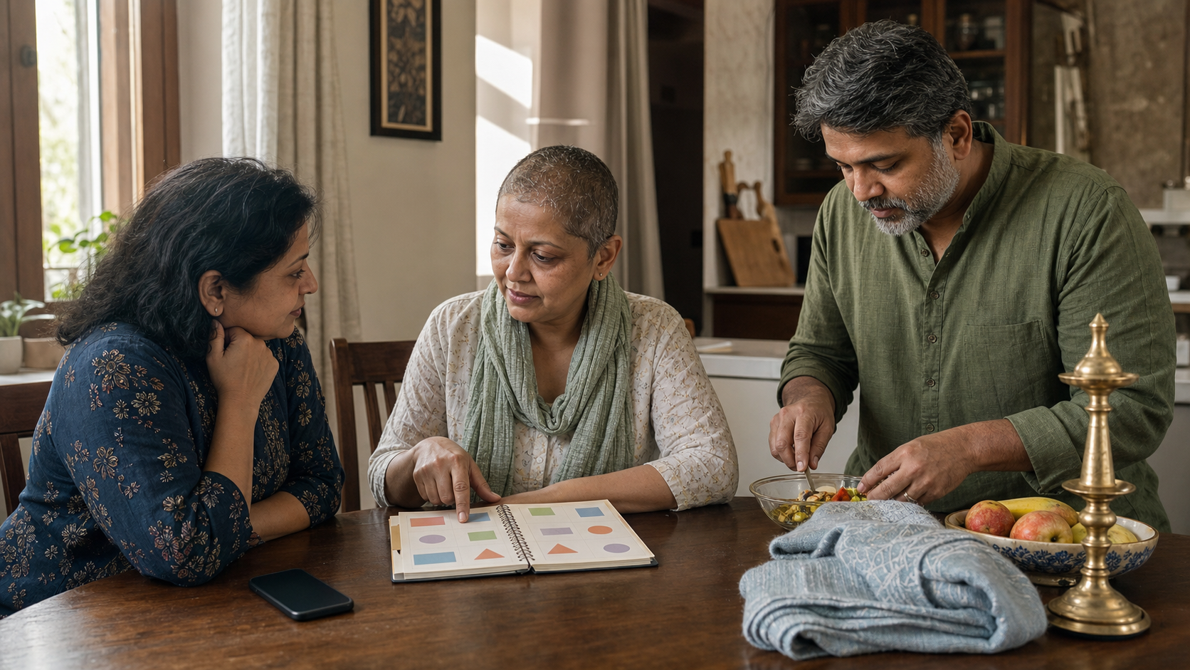 A person living with cancer plans the week at home with two supportive loved ones beside a simple meal.