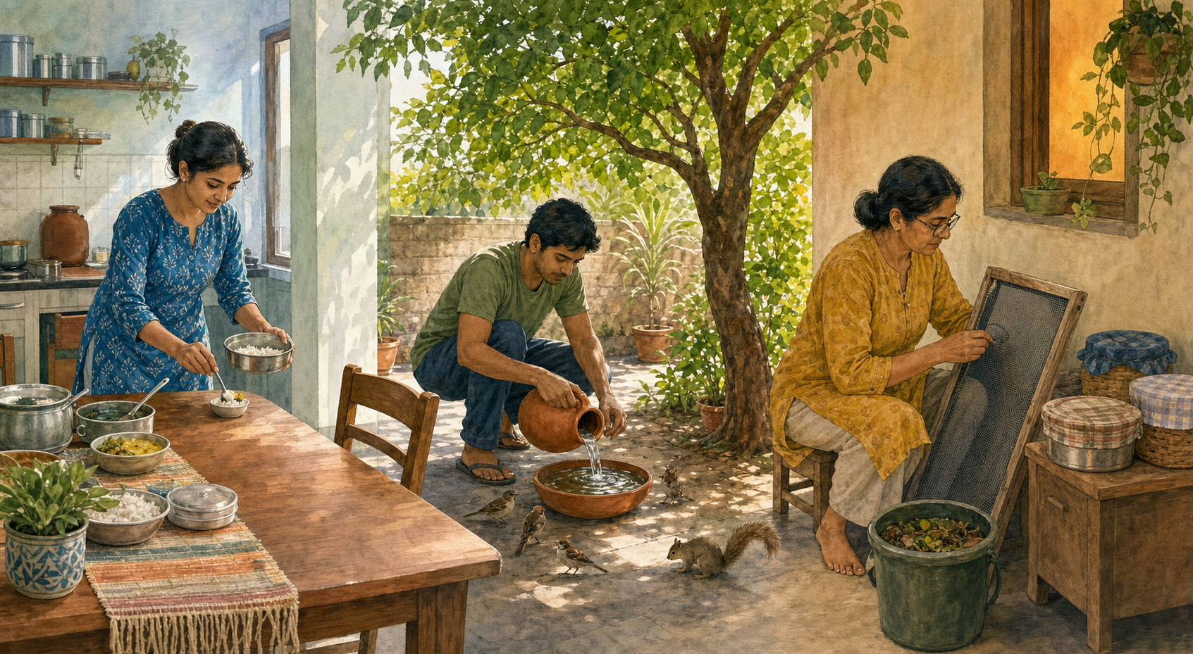 Household members set aside food for a guest, refill an outdoor water bowl, repair a window screen, and manage covered food and compost.