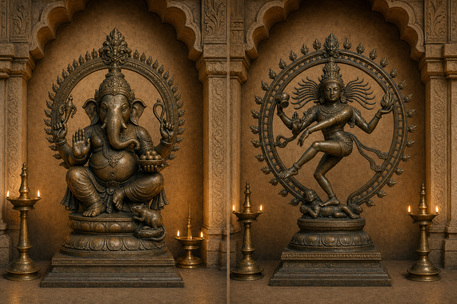 Two temple niches contain complete bronze images of Ganesha with a mouse and Nataraja dancing inside a ring of flames.