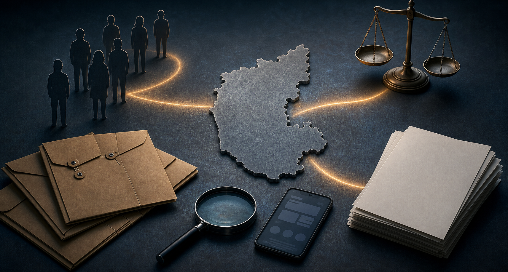 An evidence table with an unlabeled Karnataka map, generic records, a smartphone, a magnifying glass and scales of justice.