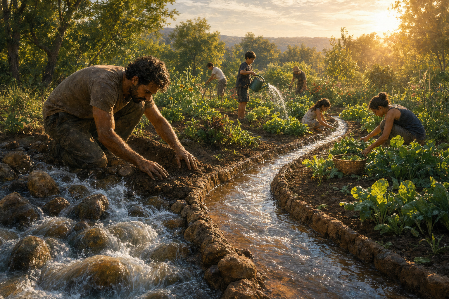 People guide a flowing stream through an earthen channel to water a thriving community garden in late-afternoon light.