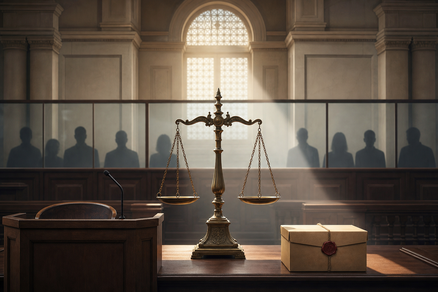 Balanced scales of justice stand between a sealed evidence box and indistinct figures in a quiet courtroom.