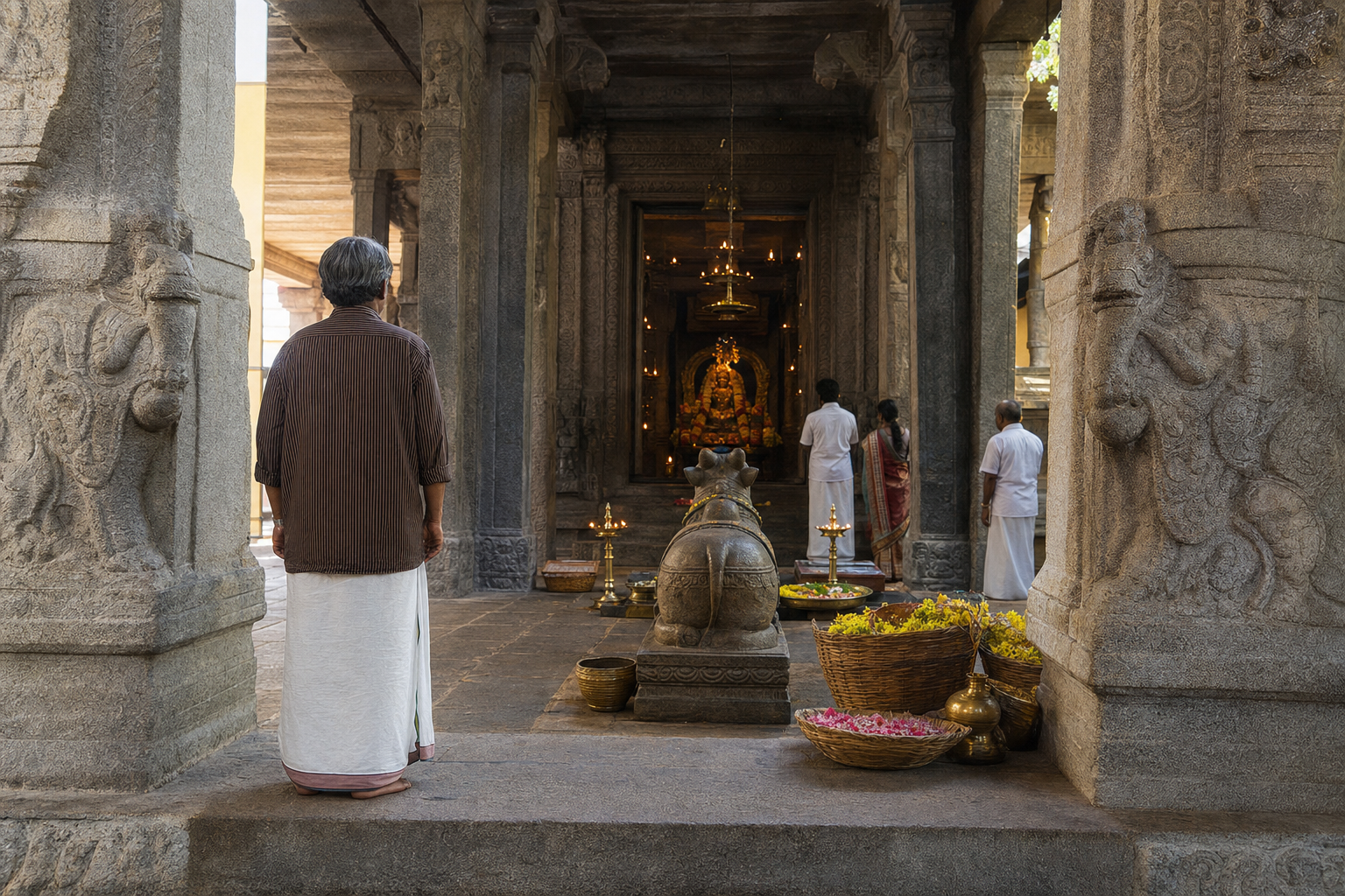 A visitor stands in a carved stone temple hall facing a distant lamp-lit shrine, with a vahana figure, offerings, brass lamps, and several devotees arranged along the temple axis.