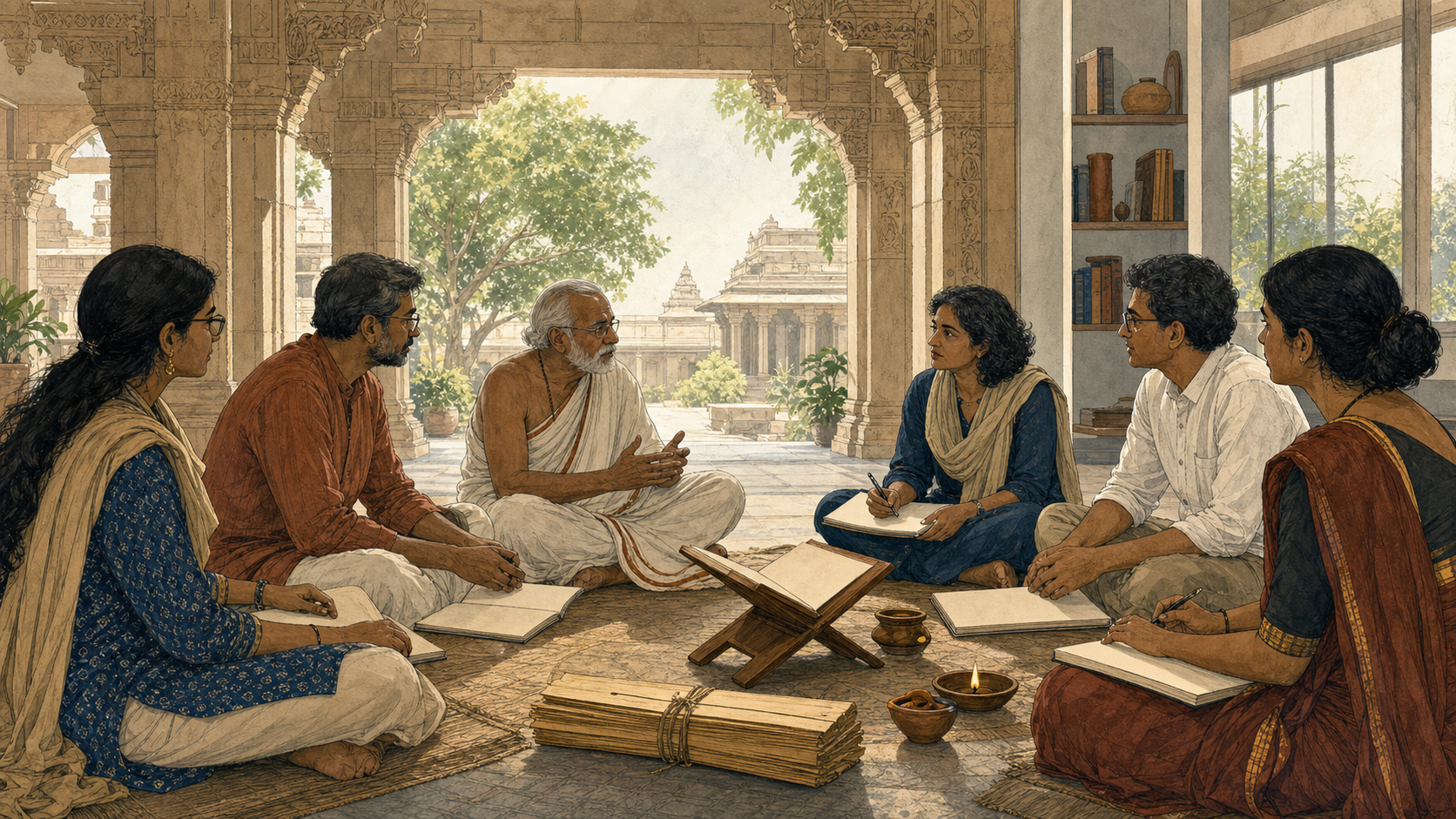 Traditional scholars and contemporary researchers converse in a circular gathering where a stone mandapa opens into a modern seminar room.