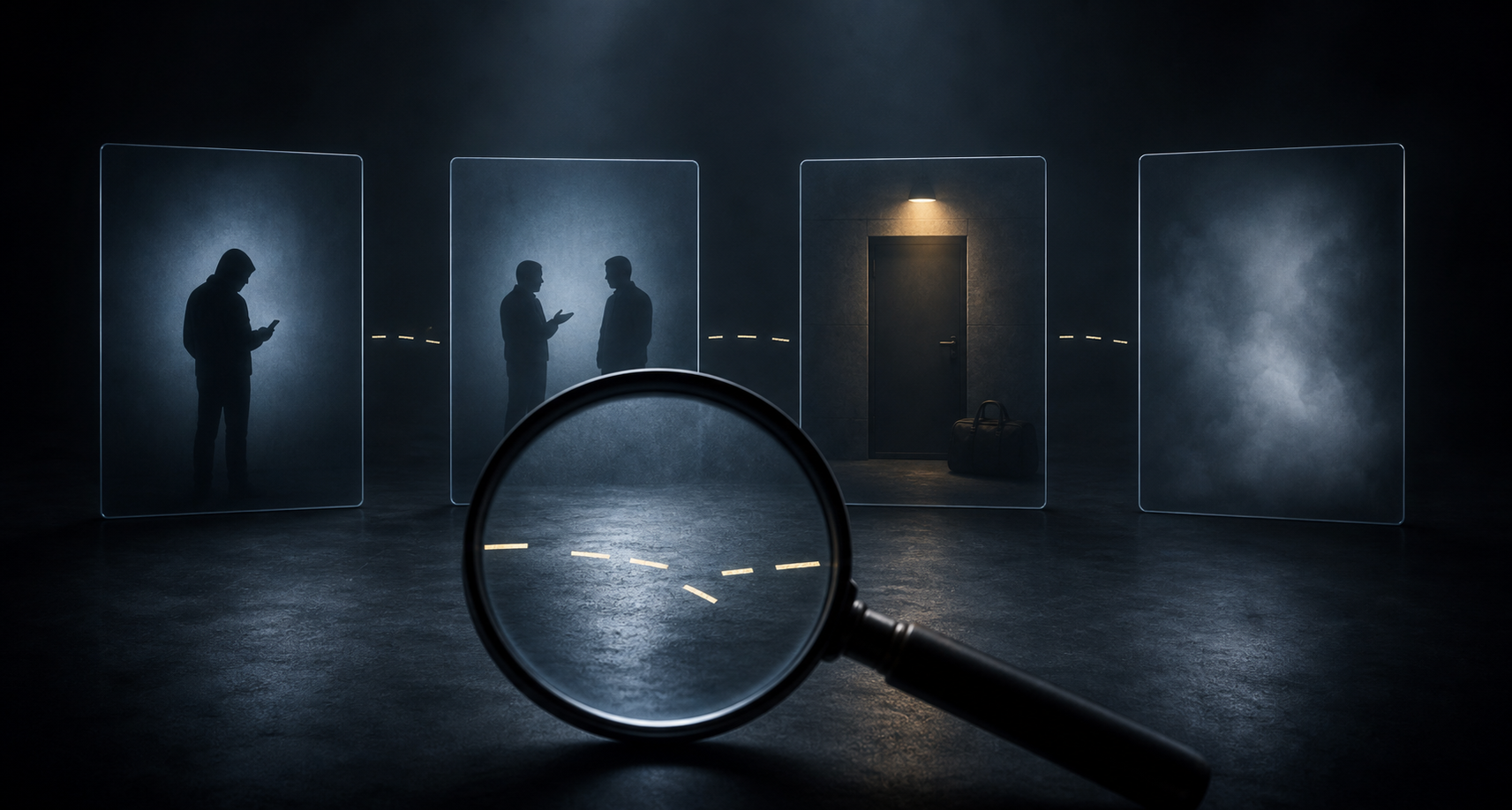 Four translucent panels show an anonymous phone user, a conversation, a doorway and an obscured final stage linked by broken lines.