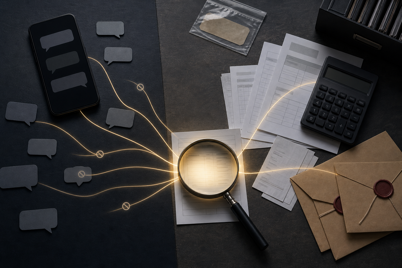 A forensic desk separates a generic phone from blank financial records, with a magnifying lens highlighting one document.