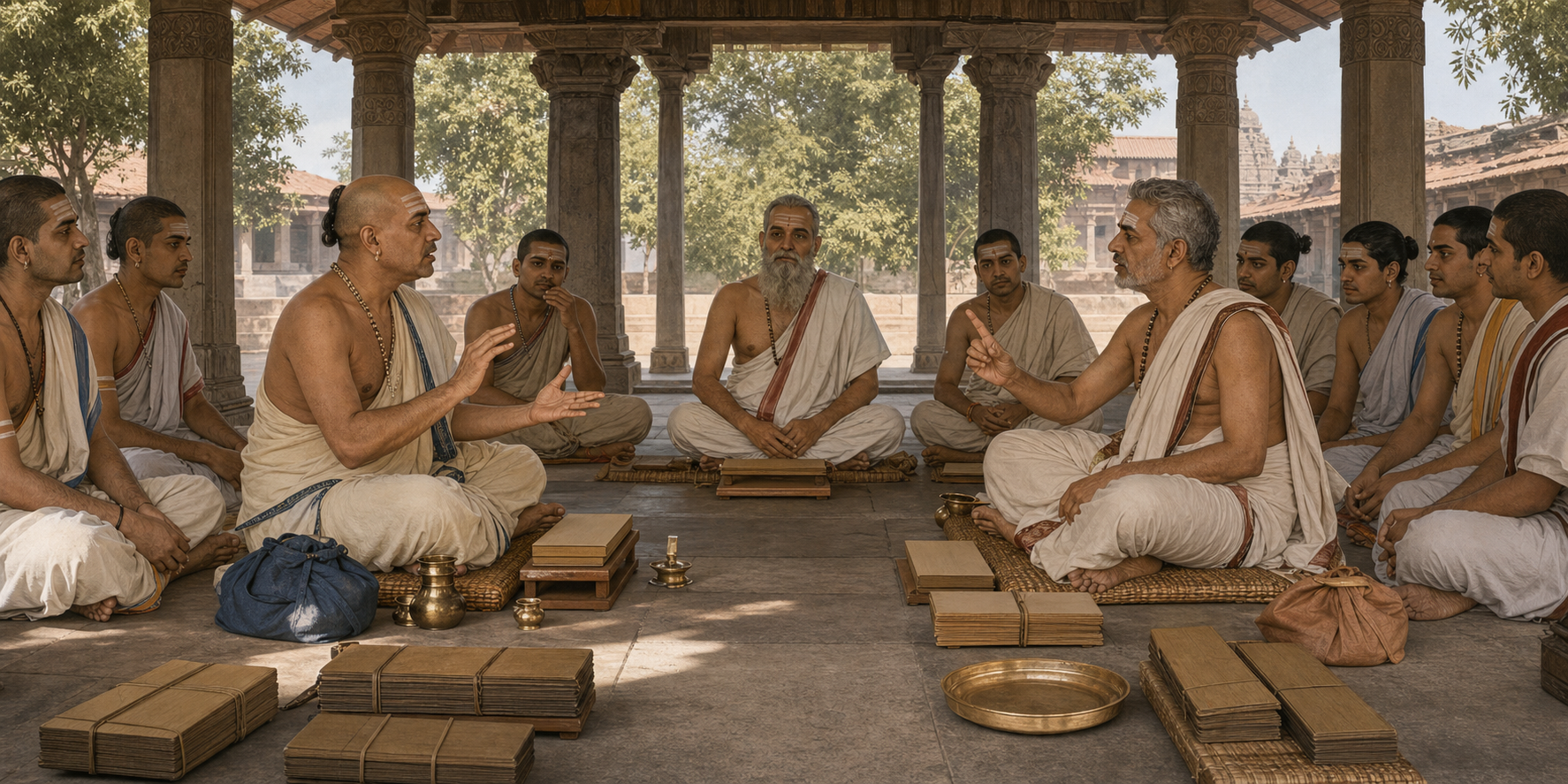 Two traditional scholars engage in a measured formal debate before a moderator and seated students in a pillared pavilion.