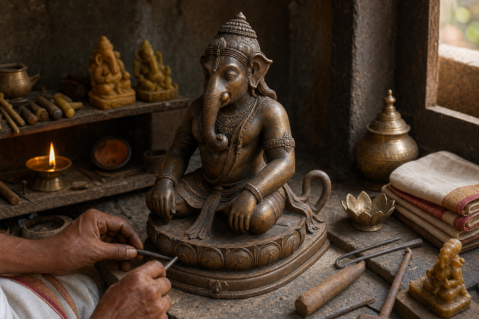 An artisan's hands refine a composite Ganesha-Hanuman icon in a workshop filled with traditional tools and ornamental motifs.