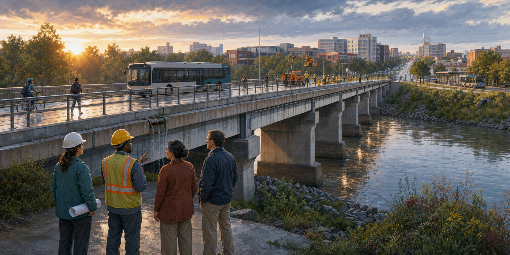 Engineers, maintenance staff, a resident and a public official inspect a river bridge carrying buses, cyclists and pedestrians toward a city at sunrise.