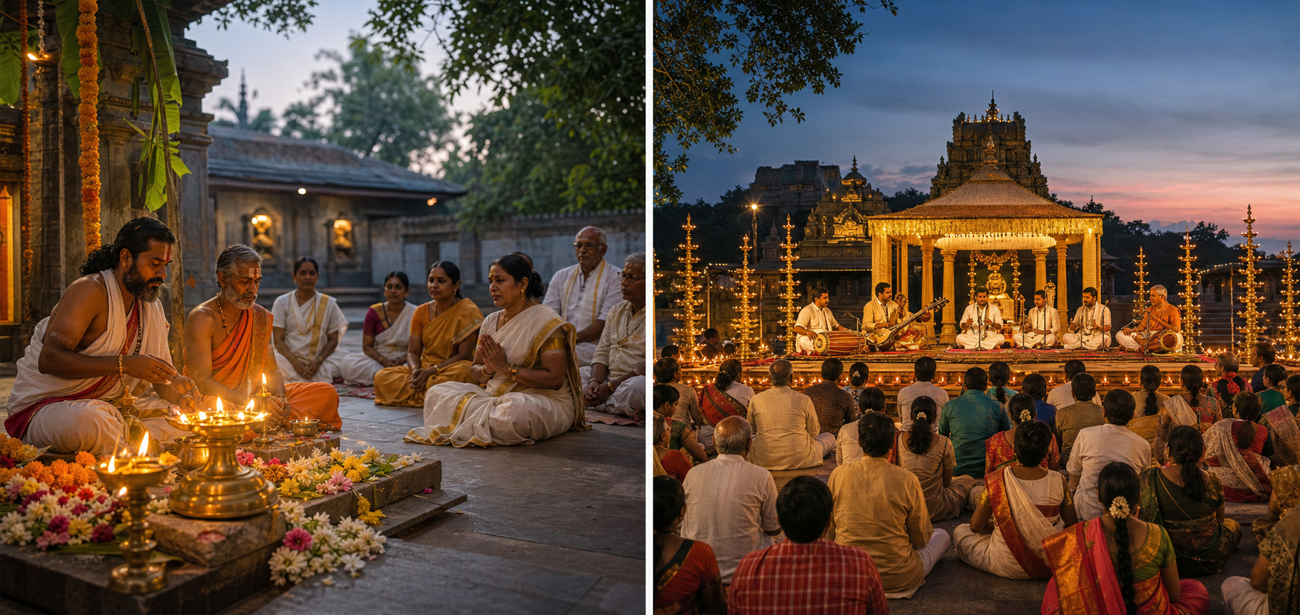 A split scene contrasts a quiet morning temple rite with a larger evening devotional and cultural gathering in the hills.