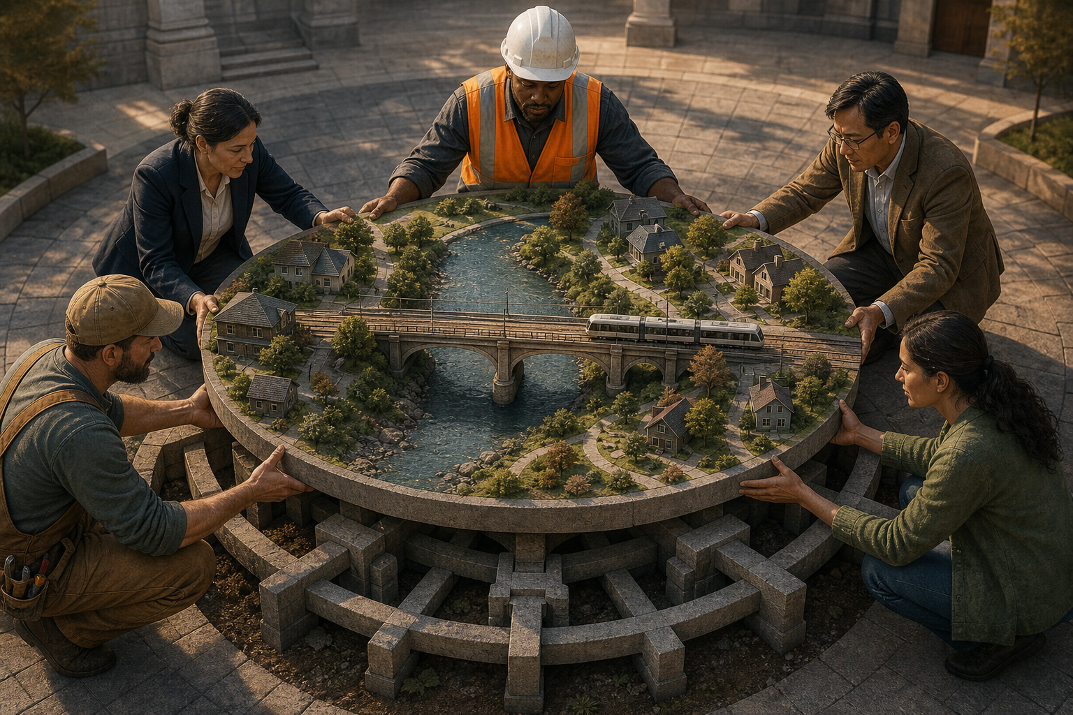 Several people steady different parts of a miniature bridge, transit line and neighborhood supported by interlocking stone foundations.